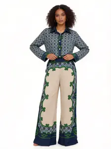 LikeMyChoice Unique Geometric Pattern Printed Satin Long-sleeved Shirt And Wide-leg Pants for Women's Fashion