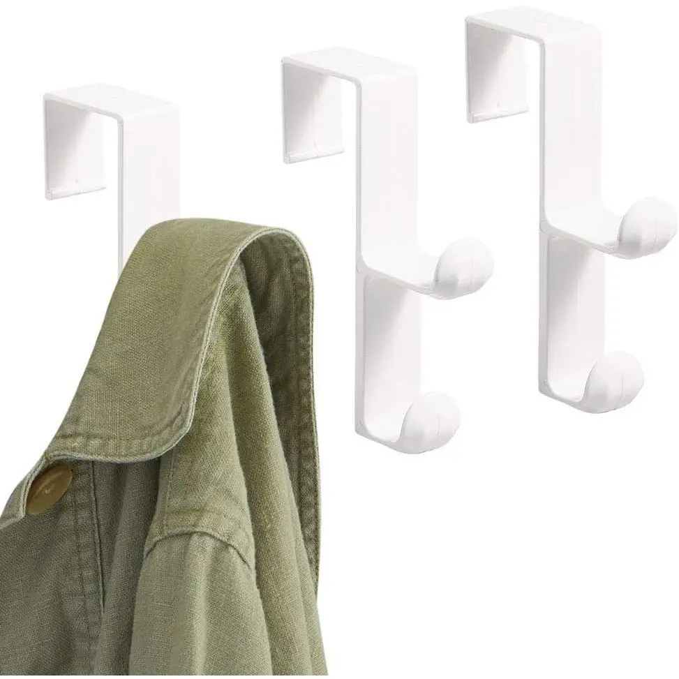 Over the Door Plastic Dual Hook Hanger for Coats, Jackets, Hats, Robes, Towels, Ideal for Bathroom, Bedroom, Mudroom, Set of 3, White
