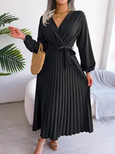 Women's Mean Girls Plain Belted Pleated Wrap Vneck a Line Dress, Elegant Chic Comfort Bishop Sleeve Midi Dress for Spring, Ladies Clothes for Daily Vacation Outdoor, Sun Dresses, Dresses for Women