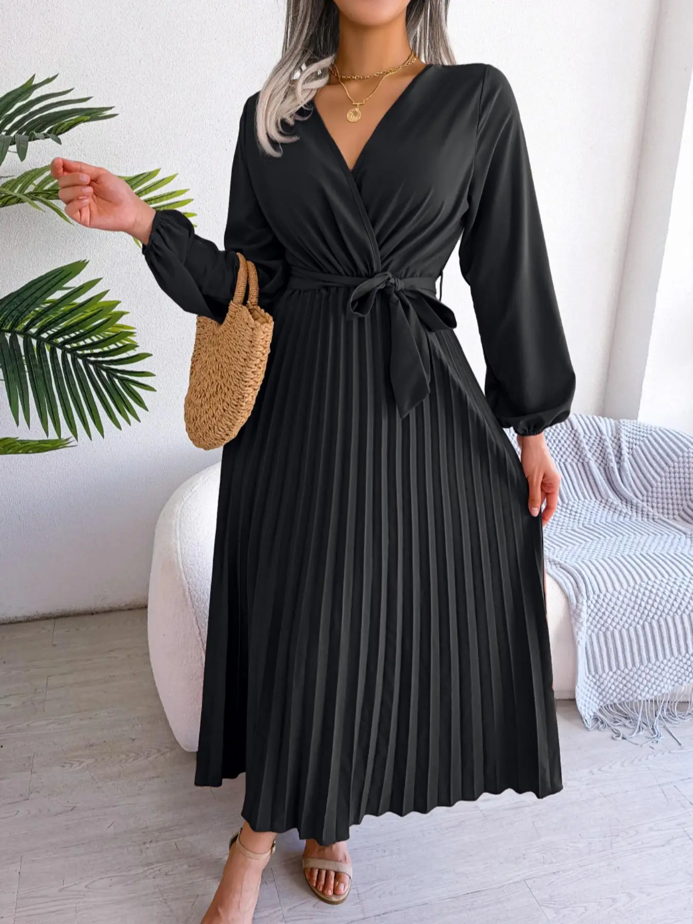 Women's Mean Girls Plain Belted Pleated Wrap Vneck a Line Dress, Elegant Chic Comfort Bishop Sleeve Midi Dress for Spring, Ladies Clothes for Daily Va
