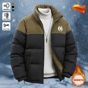 Men's Fashion Casual Versatile Patchwork Design Letter Print Corduroy Warm Jacket Cotton Coat Casual Stand Collar Cotton Jacket Suitable for Outdoor Wear