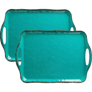 Large  Melamine Serving Platters, Serving Tray with Handle for , Appetizer, Cupcakes, Dessert, Raised  Large Party Platter or TV Dinner Trays, 17.25x12 inch, Set of 2, Teal