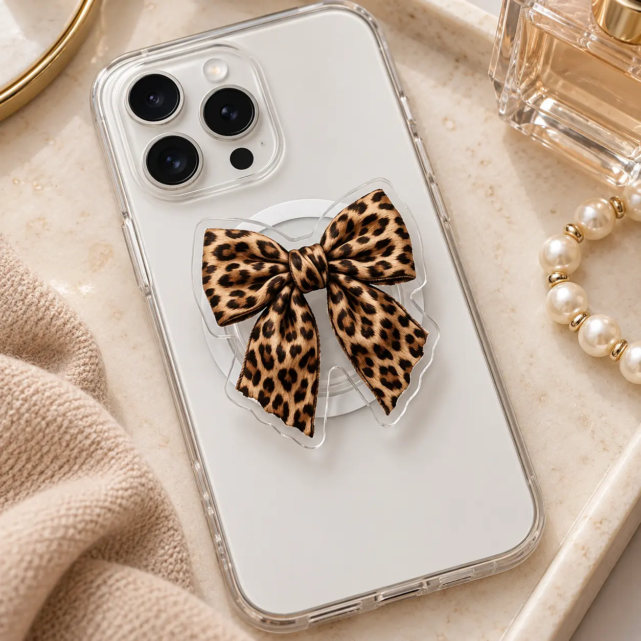 Trendy Leopard Print Bow MagSafe Phone Grip – Magnetic Acrylic Phone Holder with Foldable Kickstand, Y2K Coquette E-Reader Stand, Cute Gift for Women
