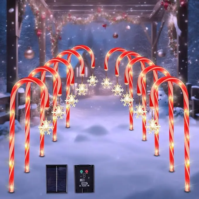 Solar Candy Cane Lights Outdoor, 10 Pack Christmas Pathway Lights with Snowflake Pendants, Waterproof LED Yard Stakes for Garden, Walkway, Driveway, Holiday Decoration