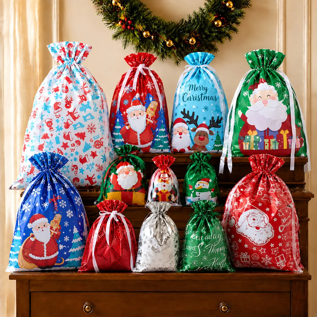 55Pcs Christmas Gift Bags Set,25 Drawstring Pouches 30 Tags, Santa Elk Snowman Patterns, Holiday Party Favor Bags, Gift Wrapping Supplies
