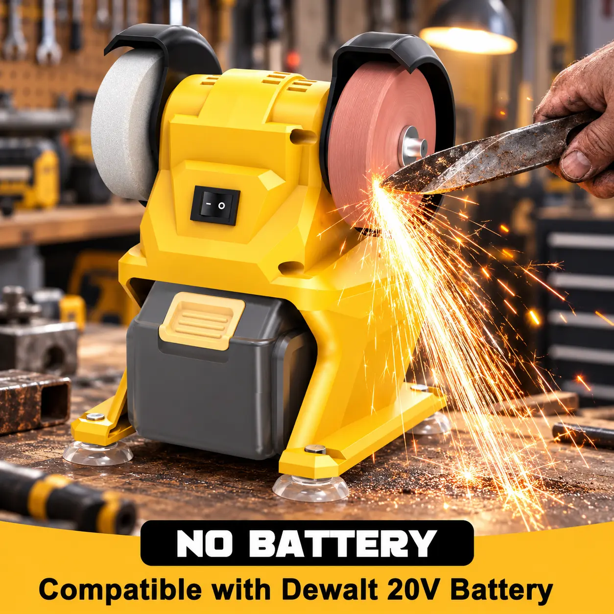 Grione Mini Bench Grinder, Cordless Grinder Compatible with Dewalt 20V Battery (No Battery), Dual 3'' Grinding Wheels with Safety Guard & Non-slip Base for Sharpening Knives, Drills and Steel Rust Removal