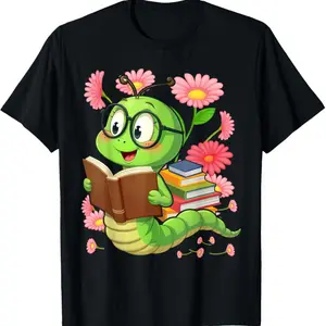 Book Worm Costume World Book Day Cute Kawaii Worm Reading T-Shirt, Comfortable Classic Relaxed Fit Casual Fashion Unisex Cotton T-Shirt