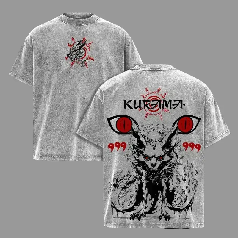Menswear Short-Sleeve Naruto Kurama Sharingan Vintage Washed Tee - Oversized Soft Cotton Unisex Streetwear, 9-Tails Fox Fan Art Graphic, Casual Anime Apparel, Crewneck Tops, Anime Gift Ideas