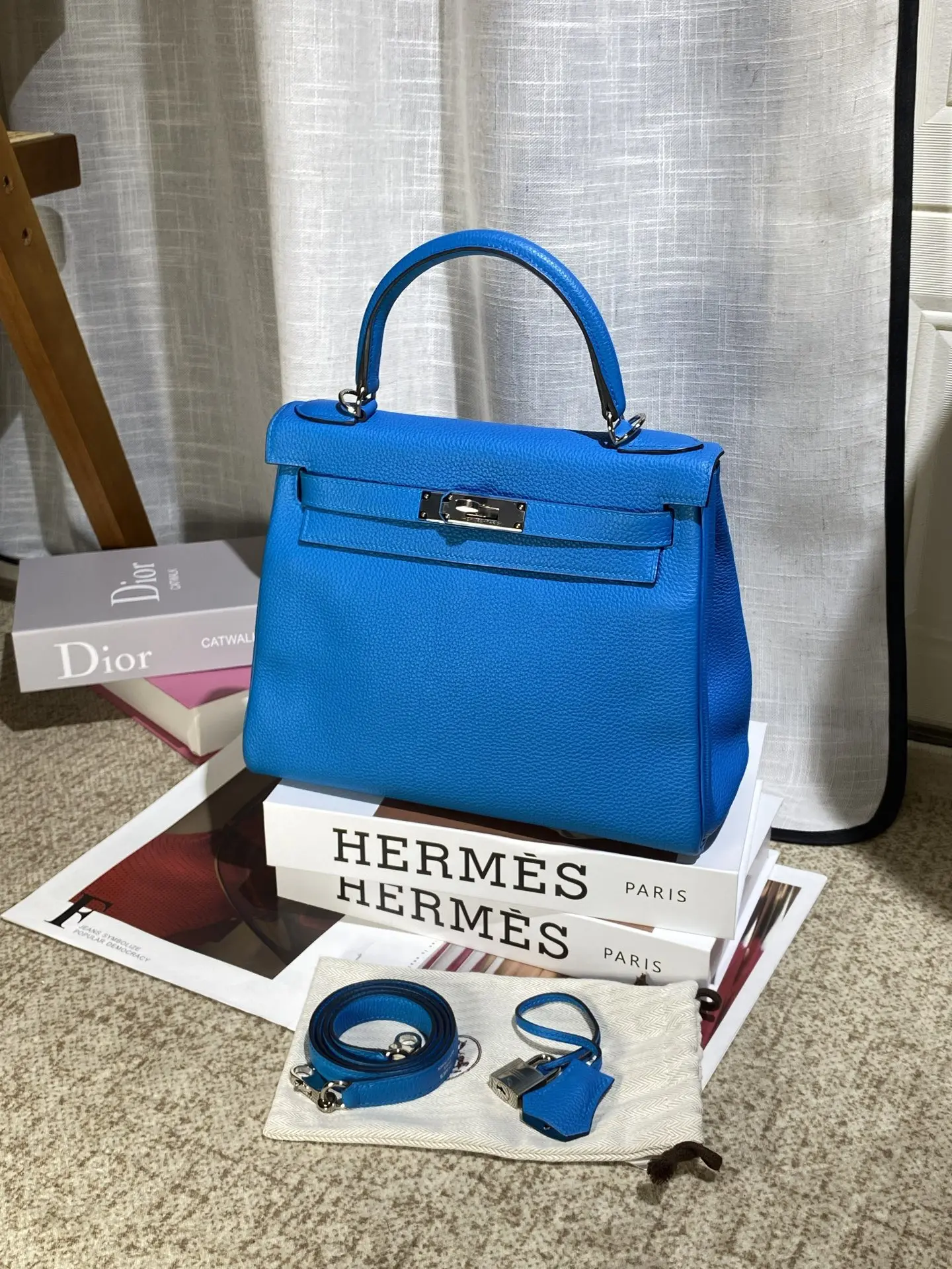 Pre-owned HERMÈS Togo Top Handle Bag Hermes Kelly 28 Bleu Zanzibar Silver Clasp 59825943