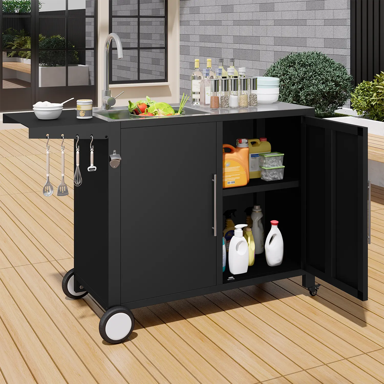 Outdoor Kitchen Sink with Hose Hook up, Stainless Steel Worktable Kitchen Cabinet Island, Grill Prep Table Work Station for Garden, Backyard and Lawn