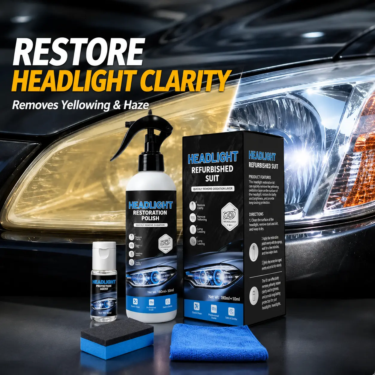 Car Headlight Restoration Kit - Car Detailing Tool for Oxidized Lamps, Yellowed/Blurred Headlamps, Auto Detailing Surface Cleaning Solution, Crystal Coating Agent for Headlight Care, Clear Shine Finish, Car Exterior Maintenance & Detailing Supplies
