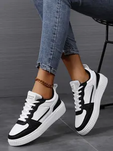 Women's Casual PU Leather Sneakers, All-Season Lace-Up Shoes, Sporty Style for Daily Commute & Outdoors, Comfortable Eva Sole, Sports Sneakers