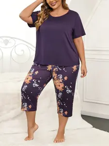 Women's Plus Size Elegant Floral Print Home Set, Slimming Seven-Quarter Pants & Short Sleeve Top, Casual Spring & Fall Fashion