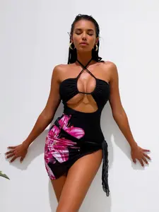 2026 New Leopard & Floral Placement Print Sexy Open Back One-Piece Swimsuit for Women