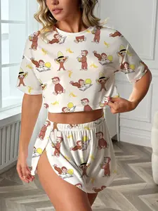 Women's 2-Piece Sleepwear Set, Cute Monkey Banana Print, Comfortable Loose Fit Top and Elastic Shorts, Casual Summer Home Wear, Sleepwear Loungewear