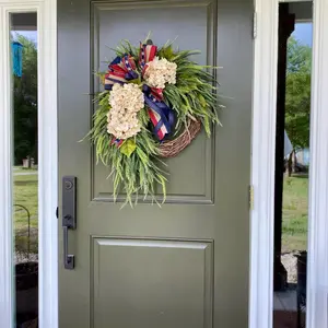 Independence Day Wreath Front Door Decoration, American Flag Bow Hydrangea Patriotic Wreath, Memorial Day Outdoor Porch Home Wall Decor