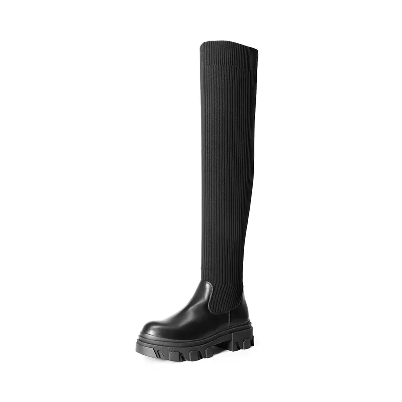 Dream Pairs Women's Stretchy Knitted Over-The-Knee Boots with Chunky Lug Sole, Casual Edgy Round Toe Statement Shoes, Party, Alternative Style, Alt Girls, Cool Girl Aesthetic, Block Heel, Business, Chunky Block, Edgy Look, Comfortable Heels, Pull On, Roun