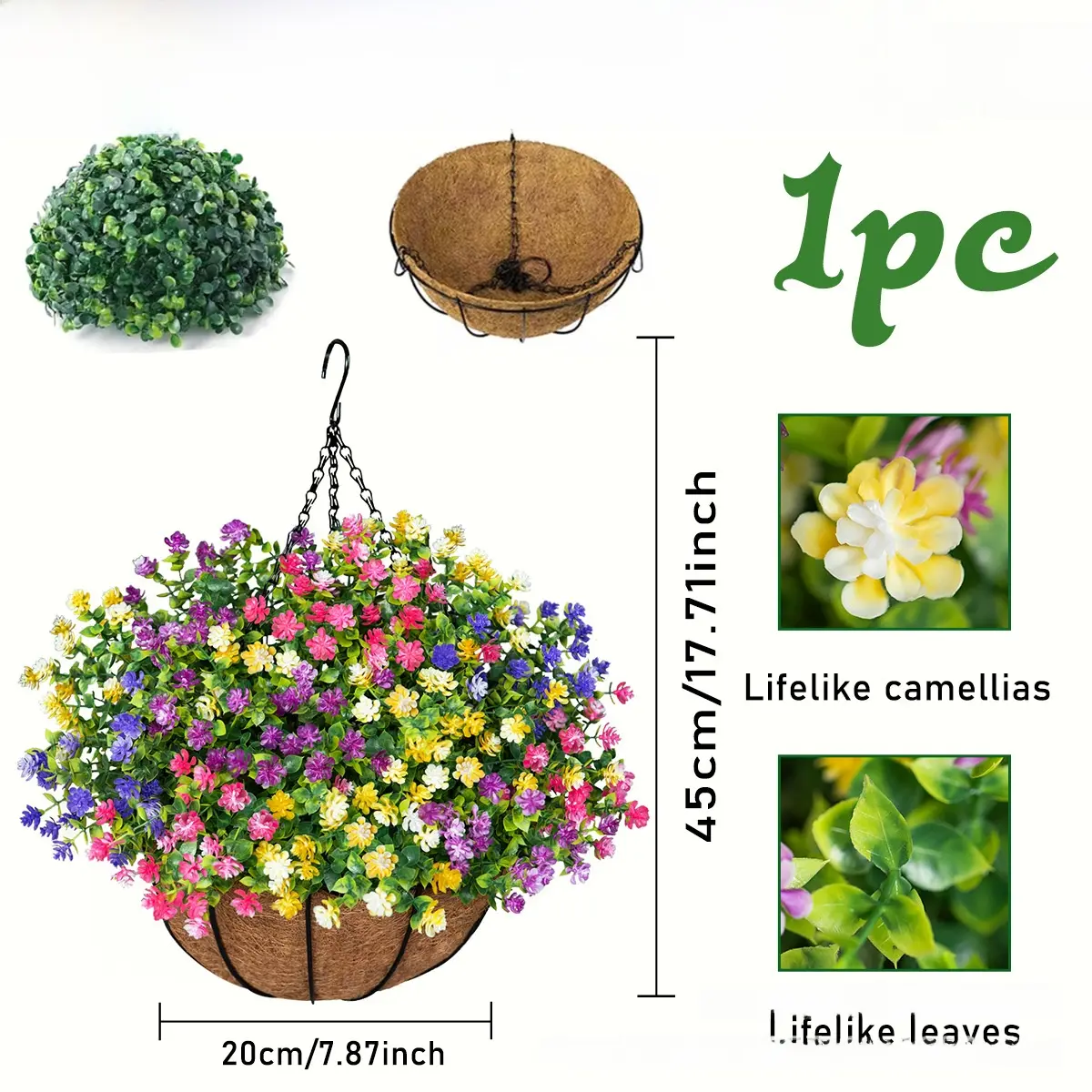 Artificial eucalyptus, camellia, and coconut palm flower baskets, hanging baskets, artificial flowers for home, garden, outdoor, and festive decorations Artificial eucalyptus, camellia, and coconut palm flower baskets, hanging baskets, artificial flowers for home, garden, outdoor, and festive decorations