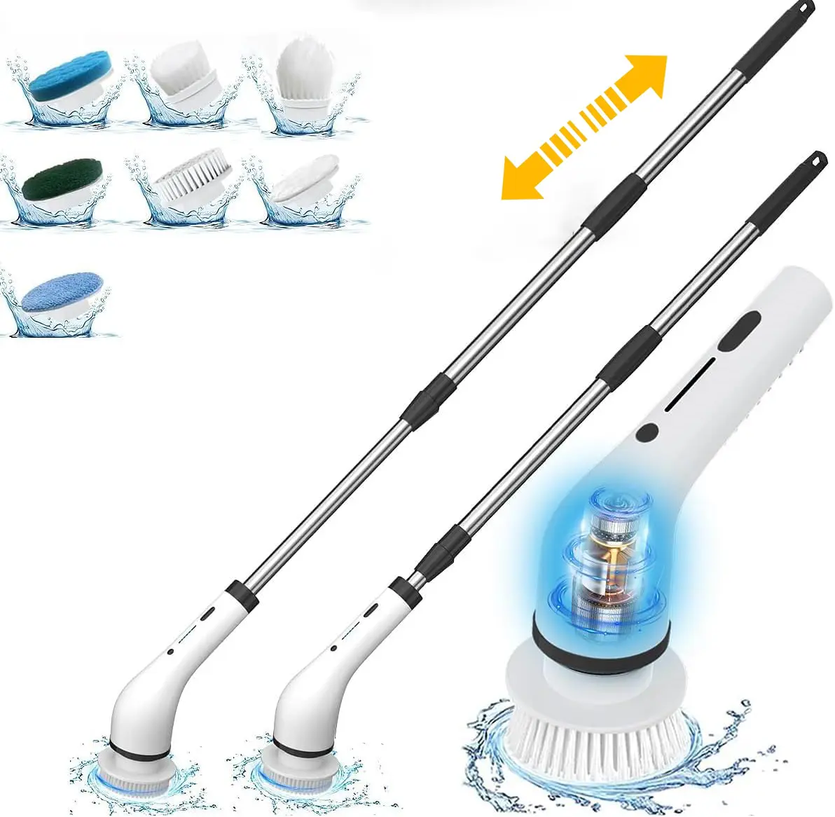 【BLOOM】Cordless Electric Spin Scrubber, 8-Piece Household Cleaning Brush Set with 8 Interchangeable Heads, 3-Position Adjustable Length, Dual-Speed Mode, Waterproof, Ideal for Bathroom & Car Interior Cleaning
