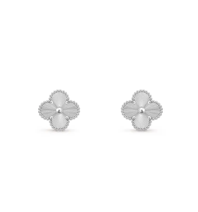 Pre-owned Van Cleef & Arpels Vintage Alhambra earrings, guilloché rhodium plated 18K white gold，full set