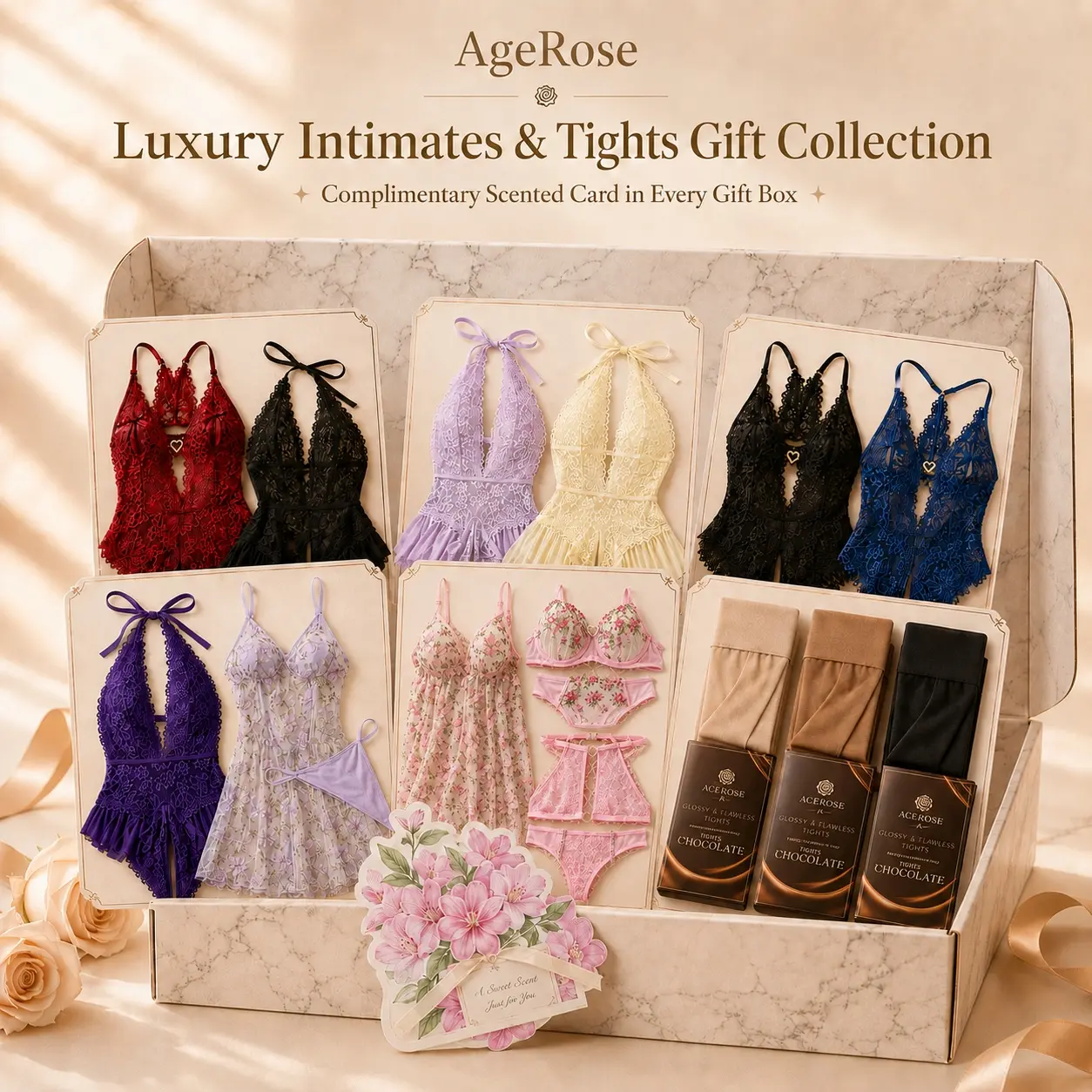 AgeRose Women's Gift Box Set, Premium Lace Lingerie Collection & Seamless Tights, Elegant Floral Design Apparel Sets with Beautiful Packaging, Scented Card Included, Women's Fashion Gift for Birthday, Holiday and Special Occasions