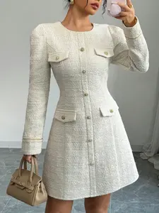 Elegant Vintage Long Sleeve Mini Dress, Round Neck Woven Fabric, Buttons, Perfect for Office Women Daily Wear