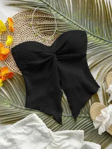 Women's Textured Knit Strapless Top with Front Knot and Split Hem, Perfect for Vacation Parties, Stylish Summer Crop Top