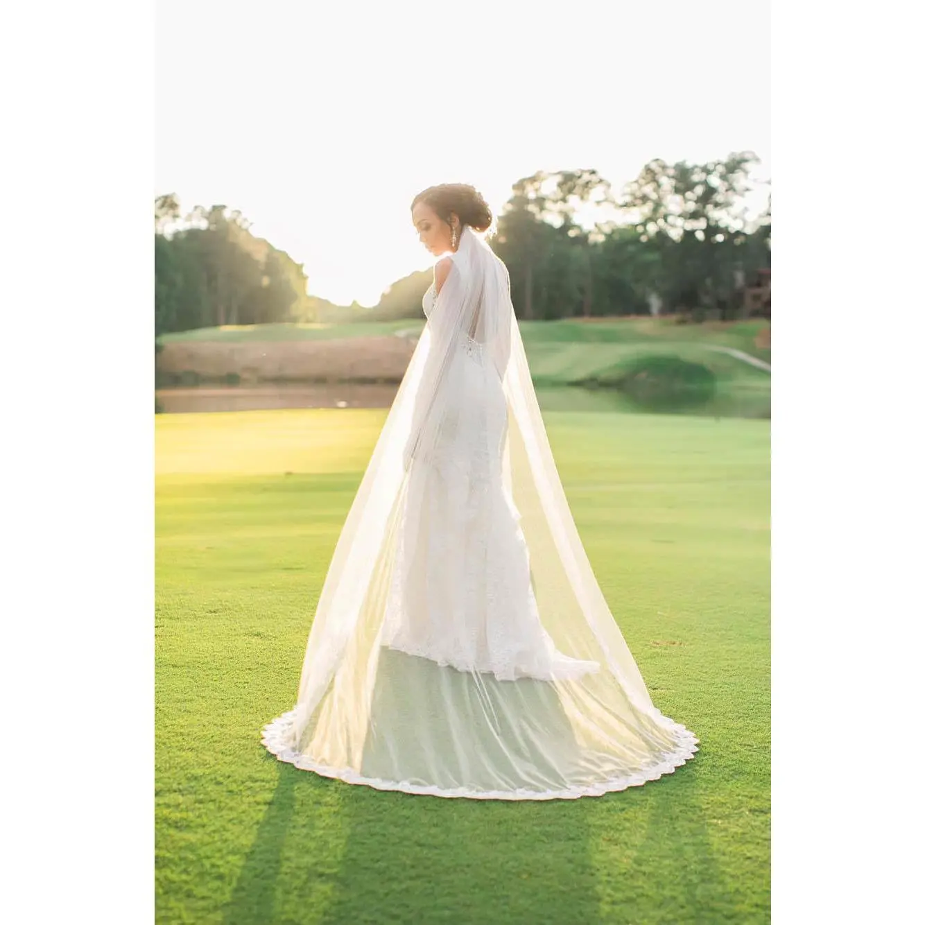 Long Cathedral Wedding Veil with Swirl Lace Trim