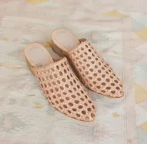 Neva Wooden Block Mules, Handmade Leather Mules, Hand Woven Mules with 5 cm Heels, Woven Heel with Wooden Heel