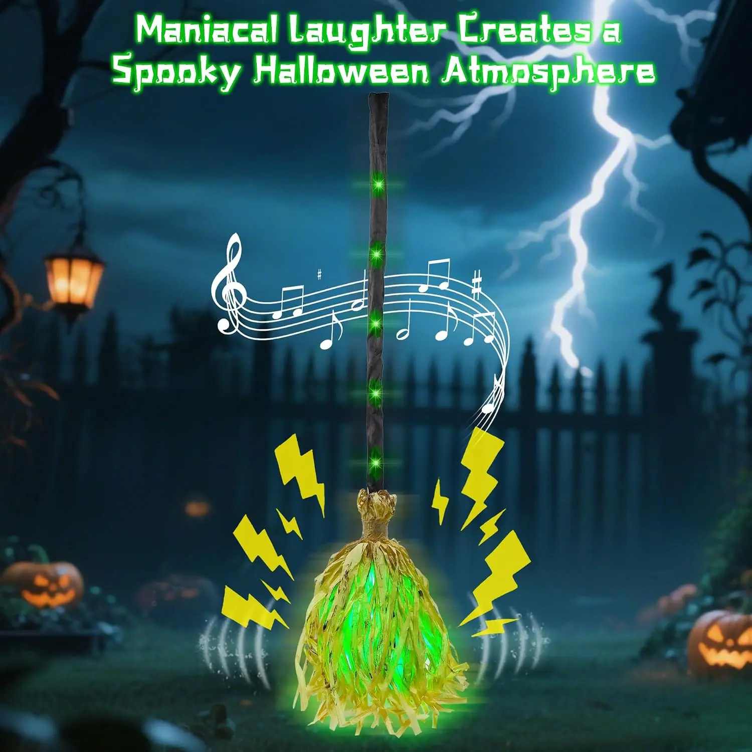 Dancing Witch Broom, Floating Witch Broom Halloween Decorations Indoor Outdoor, 35" Animated Light up Moving Brooms with Spooky Sounds & Bendable Handle