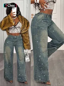 Women's Trendy Fashion Womenswear Denim Jean Street Style Casual Wide Leg Comfortable Studs Washed Craft Young Women Long Trouser Pants, Elegant Fitted Crop T-Type, Streetwear