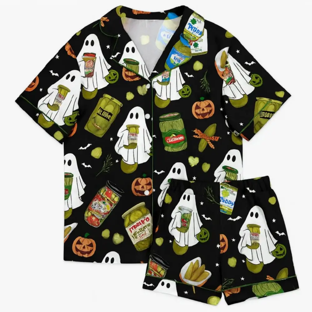 Women's Soft Satin 2-Piece Spooky Cute Halloween Pajama Set - Short-Sleeve Twist Detail Top, Graphic Pickle Print Bottom, 1 Top + 1 Bottom, All Seasons Machine-Washable Casual Homewear Loungewear
