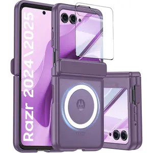 Magnetic for Motorola Razr 2025 Case/Razr 2024 Case,Hinge Protection, Screen Protector, Compatible with MagSafe, Translucent Frosted, Shockproof Slim Cover for Razr 2025/2024 -Purple