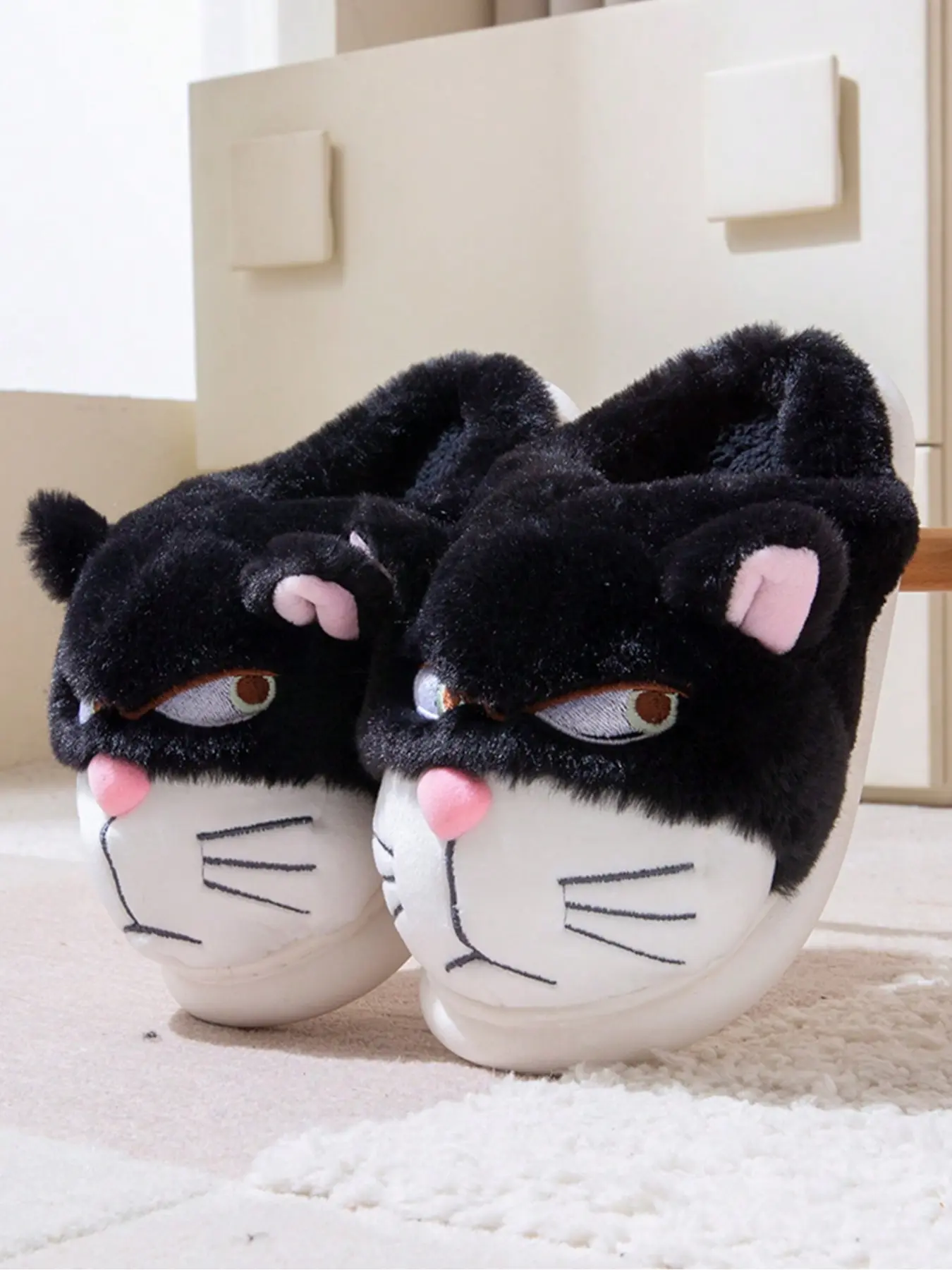 Men's Fashion Soft Sole Cotton Slippers, Casual Home Slippers, Autumn Winter Warm Home Shoes, Cute Cat Cartoon Design, Thick Bottom Comfortable Indoor Footwear