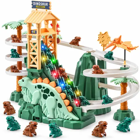 Dinosaur Track Playset for Kids, Motorized Double Elevator Vehicle Track with Lights & Music, Multi-Level Spiral Slide Toy with Small Vehicles, Gift for Boys and Girls