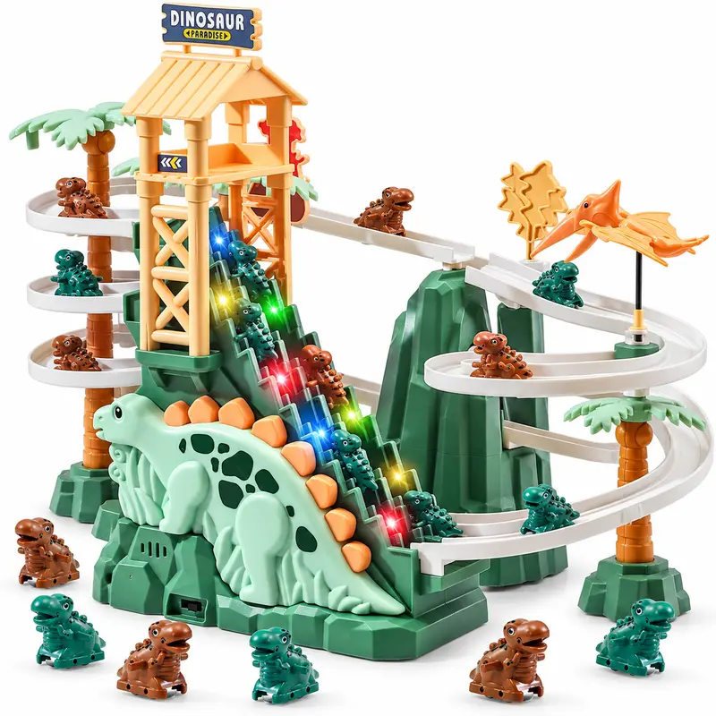 Dinosaur Track Playset for Kids, Motorized Double Elevator Vehicle Track with Lights & Music, Multi-Level Spiral Slide Toy with Small Vehicles, Gift for Boys and Girls
