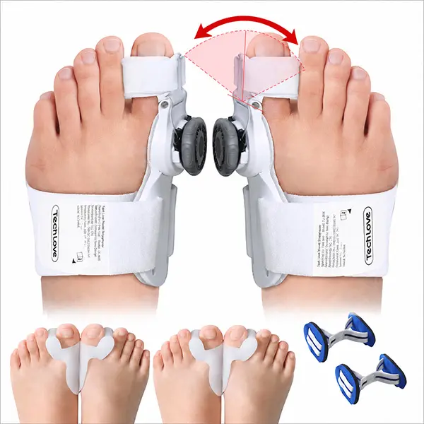 Tech Love Bunion Corrector 2-Pack for Women & Men, Adjustable Knob Big Toe Support with Reinforced Steel Cable, 1 Pair Gel Toe Separators, 1 Pair Big Toe Exercise Belts, Toespacers, Toe Separator, Orthopedic Toe Straightener