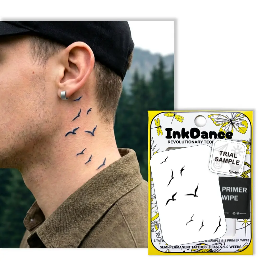 InkDance Semi-Permanent Tattoo, Flock of Birds Silhouette, Freedom Swallows, Long Lasting Temporary Tattoos, Waterproof Plant-Based Ink, Lasts 1-2 Weeks, Color Develops in 24 Hours X186