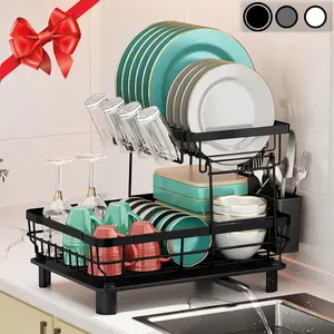 Dish Drying Rack, Large 2 Tier Stainless Steel Dish Rack for Kitchen Counter with a Drainboard, Cutlery, Cup Holder, Kitchen Organizers and Storage Rack, 17" L x 13" W, Black