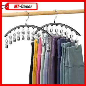 Curved Shape Hanger,10/pcs Metal Yoga Pants Hanger, Home Organizer for Closet, Pants Hanger with 10Clothespins, Space Saving Hanging Hanger