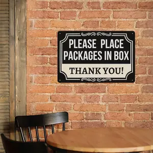 2D Flat, 1pc Vintage Rustic Metal Wall Sign - "Please Place Packages in Box" Practical Decor. Classic Black & Beige Design, Suitable for Porch, Entryway, Office. Durable Indoor/Outdoor Organizing Sign, Functional Home/Store Decor