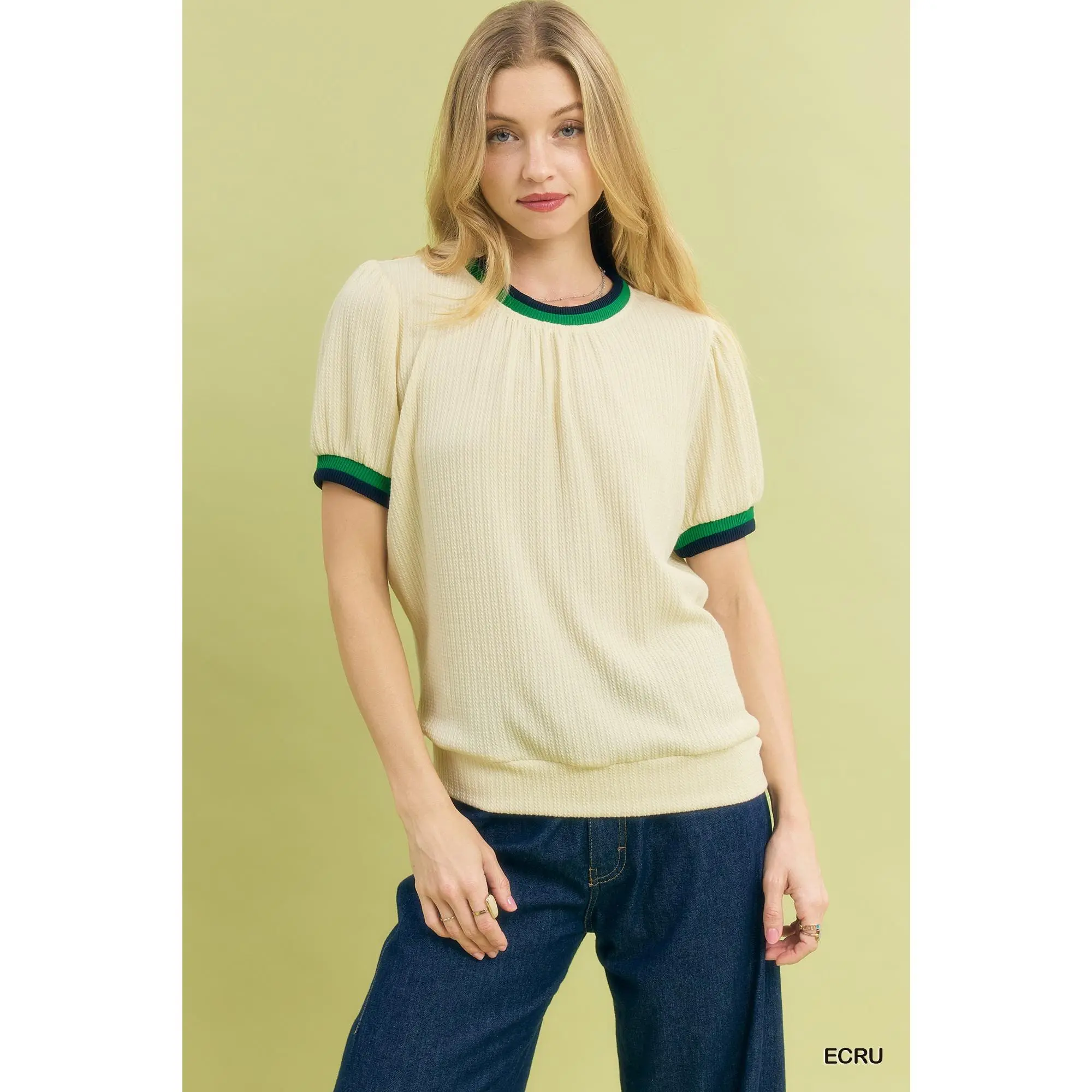 Umgee Puff Sleeve Knit Top with Contrast Rib Trim - Casual Chic Crew Neck Short Sleeve Fitted Summer Top for Women, Ribbed Hem, Lightweight Knitwear Green Contrast Ruffle Blouse