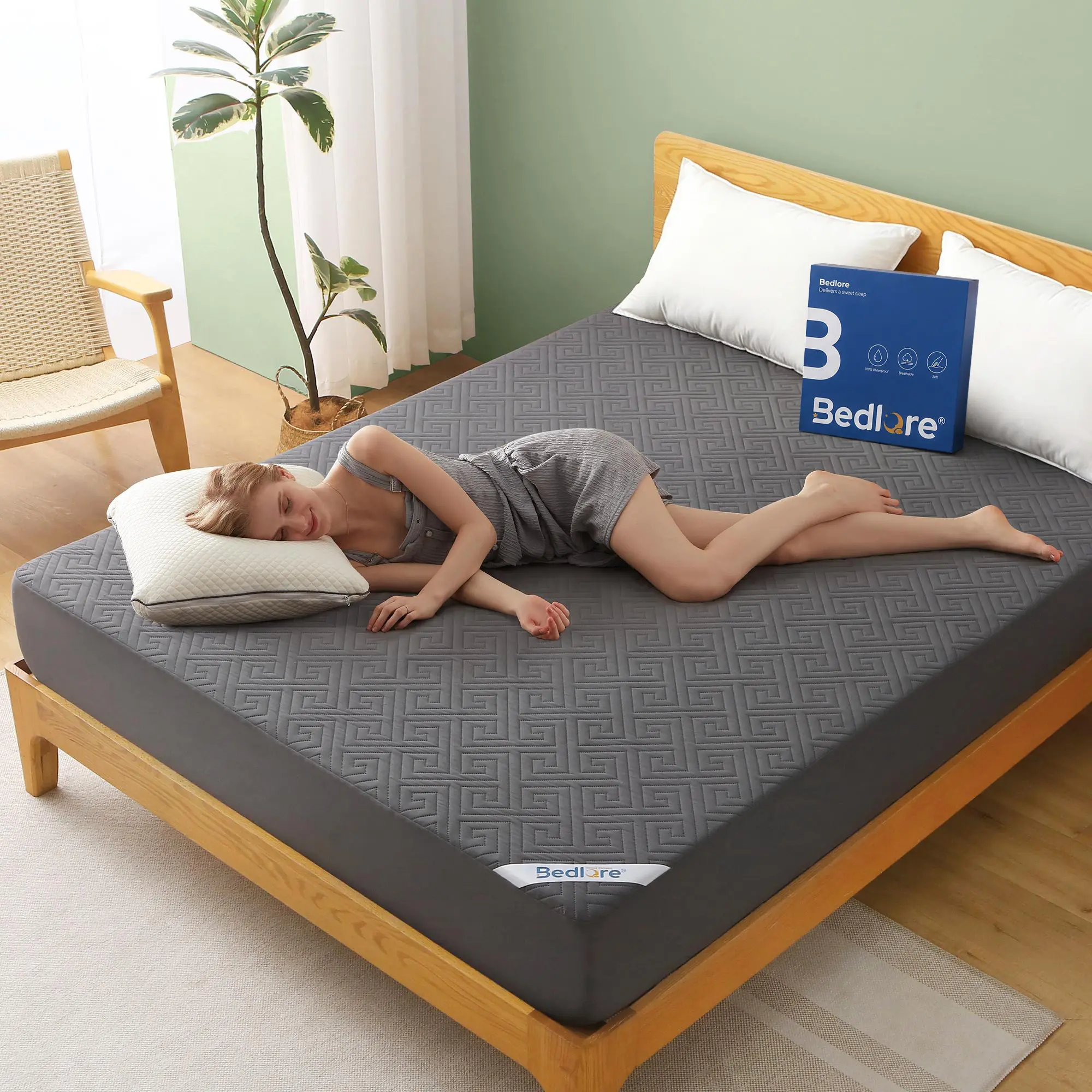 【SummerWins】BEDLORE Waterproof Labyrinth Pattern Mattress Protector, Fitted Sheet Style: Breathable & Noiseless TPU Layer, Ultra-Soft Cotton Feel, Extra Deep Pockets Fit 6"–18" Mattress, Includes Pillowcases – Luxury Bedroom Essential, Mattress Protector