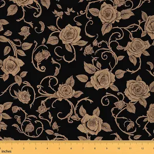 Flower Upholstery Fabric for Chairs,Vintage Flower Fabric by The Yard,Botanical Floral Printed Waterproof Fabric,Black and Gold Reupholstery Fabric