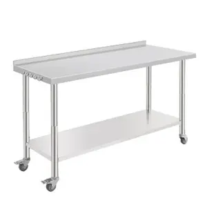 GARVEE Stainless Steel Kitchen Prep Table, 2-Tier Commericial Work Table with Adjustable Height Shelf & Hooks, Heavy Duty Metal Table with Backsplash and Wheels for Garage, Workshop