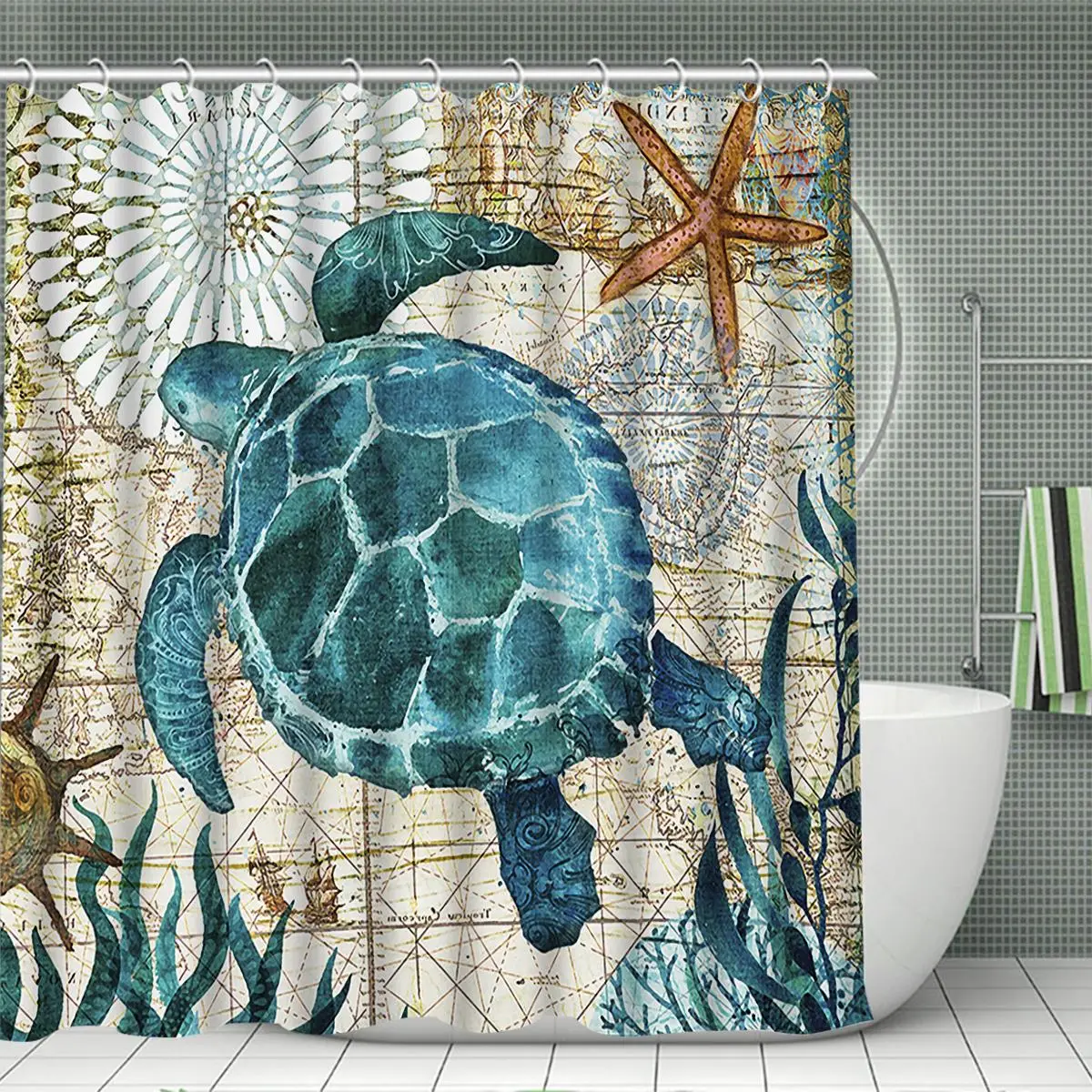 Bathroom Accessories Sea Turtle Pattern Bathroom Curtain with Hooks, U-shaped Contour Toilet Mat, Bathroom Rug, Toilet Lid Seat Cover, Home Decor Bath