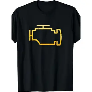 Funny Check Engine Light Car Mechanic T-Shirt for Men & Women - 220gsm Pure Cotton Retro Graphic Tee with CEL Icon & OBD-II Connector Design, Casual Auto Repair Humor Apparel