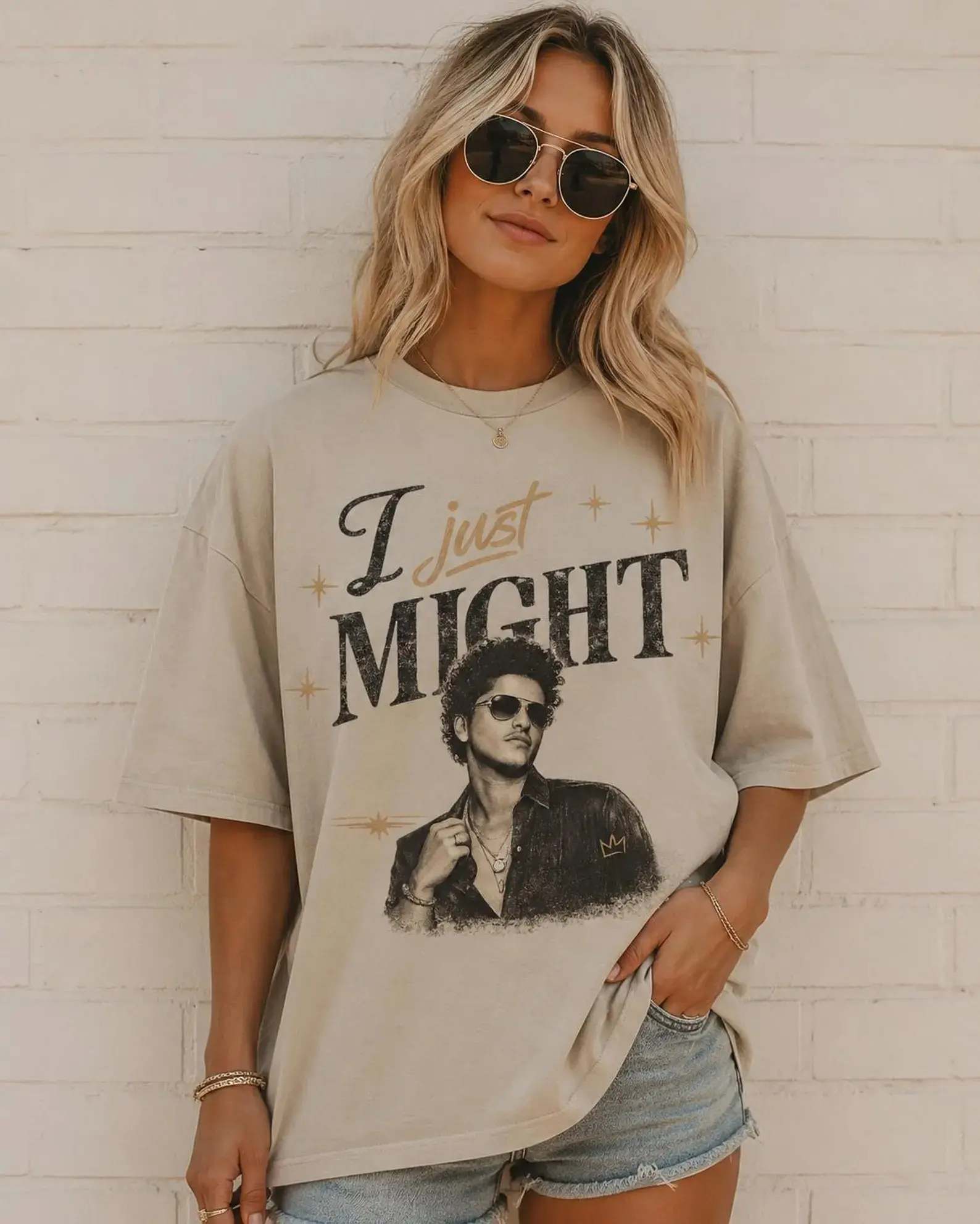 Bruno Retro Music Graphic T-Shirt “I Just Might” Oversized Beige Short Sleeve Casual Tee