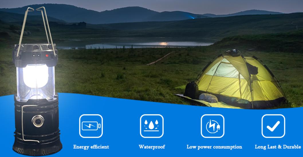 Solar Camping Lantern 4-Pack - Rechargeable 100 Lumen Max LED Emergency Lights, Magnetic Base, Foldable Hanging Hook, Collapsible Compact ABS Plastic Lamp with Power Bank for Camping, Power Outages - Gift Set, Collapsible Form