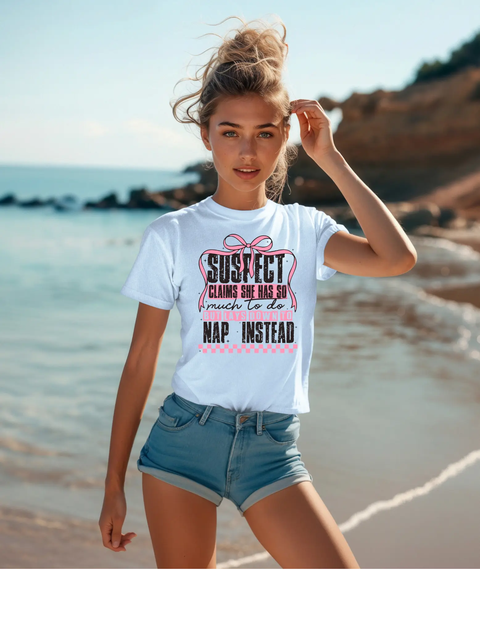 Suspect Unisex T-Shirt Casual Comfort Printed in USA Featuring "Suspect Claims She Has So Much To Do But Lays Down To Nap Instead" Design - Top